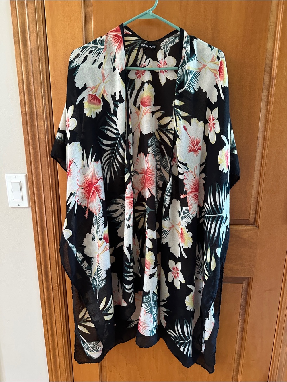 Kendall & Kylie Black Floral Open-Front Kimono Coverup White and Pink Blooms